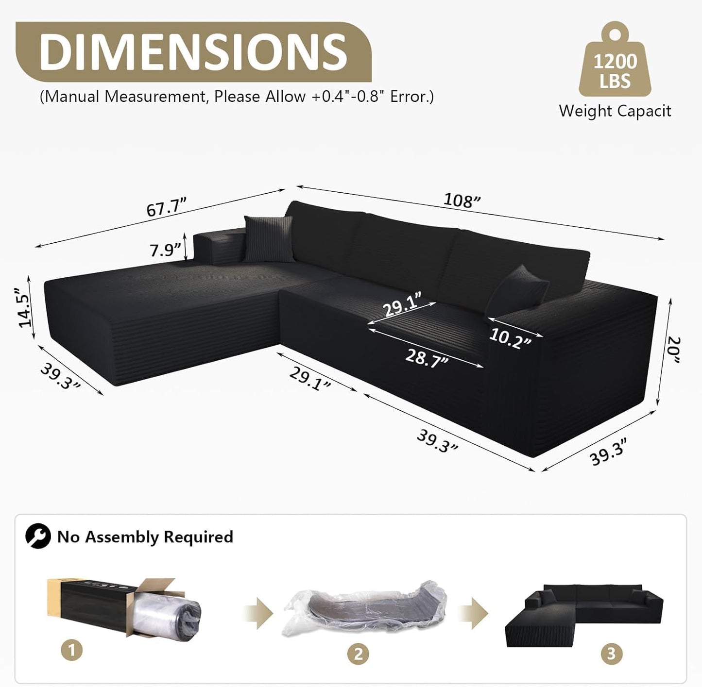 108" Modular Sectional Sofa – Spacious L-Shaped Cloud Couch for Cozy Living Room Lounging