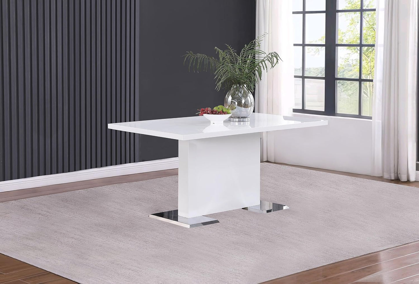 Modern White Dining Table – Sleek Rectangular Table with Chrome Pedestal Base