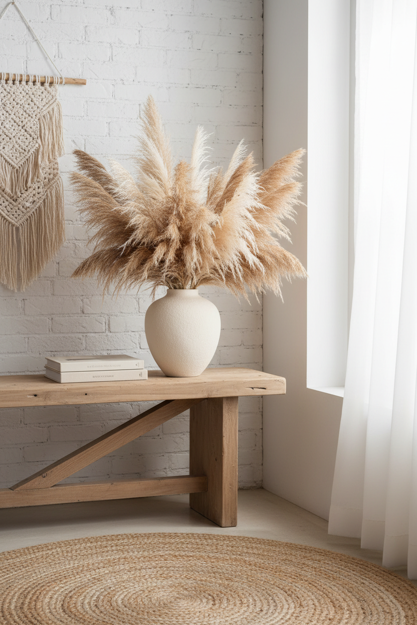 Ceramic vase with dried pampas grass arrangement