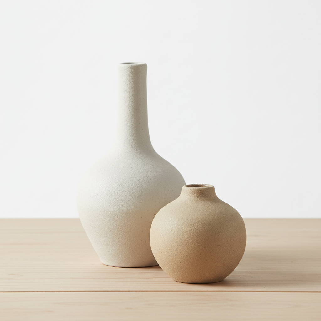 Two minimalist ceramic vases grouped together on wood surface