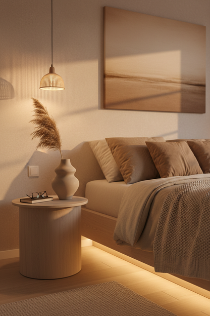 Ceramic vase on bedroom nightstand cozy interior