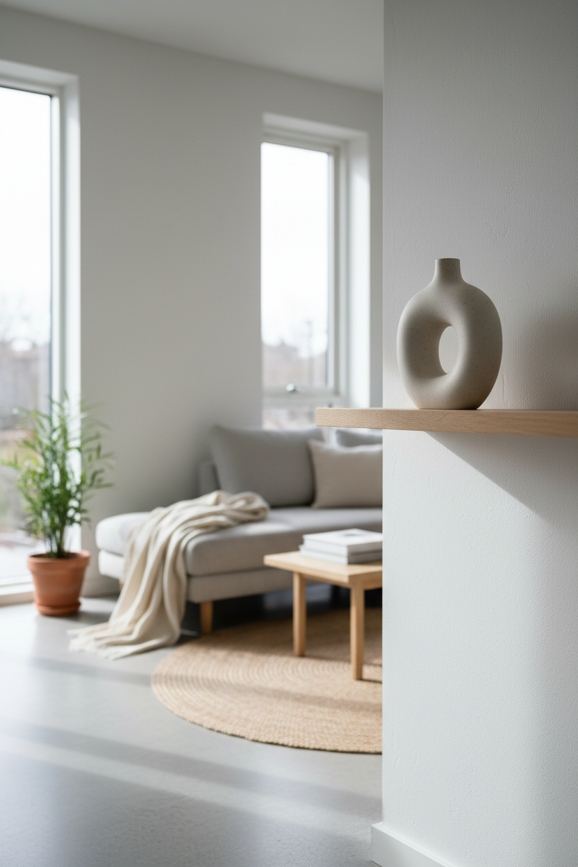 Ceramic vase on wooden shelf in modern living room
