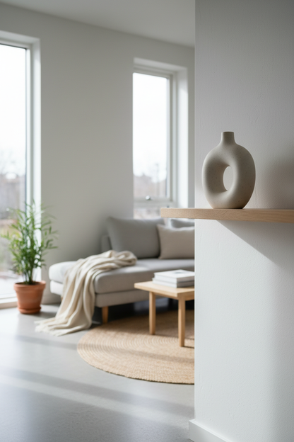 Ceramic vase on wooden shelf in modern living room