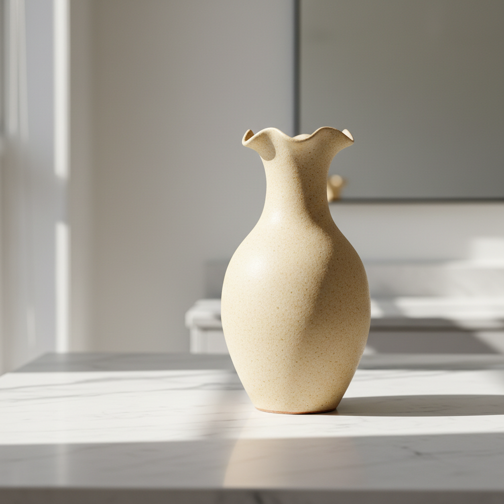 Ceramic vase on marble countertop side angle view